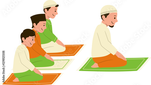 People praying together in mosque in month of Ramadan Kareem, imam characters and worshipers do Eid prayers together in field