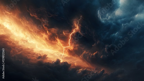Dramatic Dark Storm Clouds with Lightning and Orange Glow