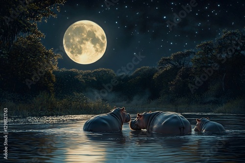 Family of Hippos Basking in River Under a Moonlit Night Sky