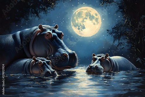 Family of Hippos Basking in River Under Moonlight Reflection