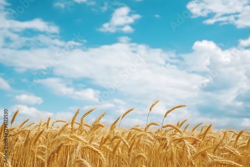 Golden Wheat Field Swaying Gently Under Blue Sky with Clouds