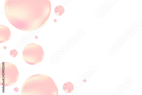 Cute pink, yellow glowing bubbles floating isolated, transparent background. Nude color geometric circles of various sizes scattered around. Fun, playful cosmetic decoration design element.