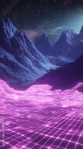 Futuristic Neon Landscape with Glowing Grid in Surreal Environment