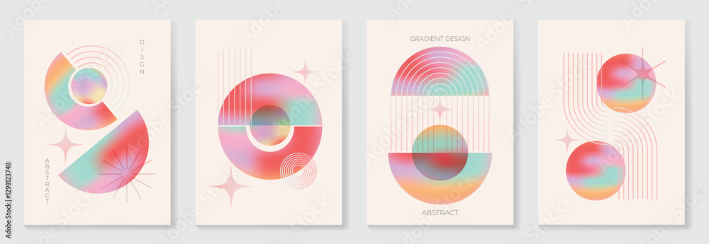 Modern gradient poster background vector set. Minimalist cover template with vibrant perspective geometric prism shapes. Ideal design for social media, cover, banner, flyer.