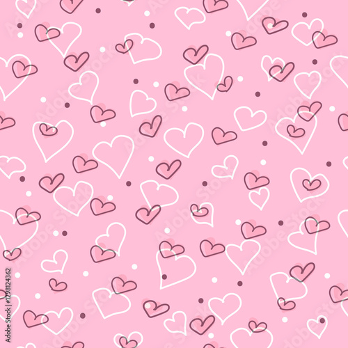 Hand drawn hearts seamless pattern. Continuous line drawing of a heart, black and white vector minimalist love concept illustration.