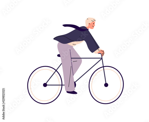 Happy worker hurries up to work on bike. Young man in costume rushing, rides on bicycle. Employee cycling to office fast. Urban eco transport. Flat isolated vector illustration on white background