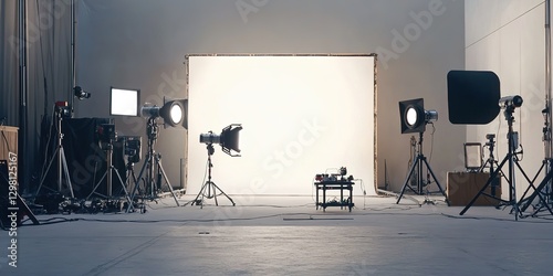 Professional film studio setup with lights and camera equipment