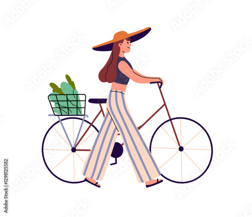 Young woman carries vegetables on lady bicycle with basket. Girl in summer hat goes near bike while riding, walk. Bicyclist cycling from shopping. Flat isolated vector illustration on white background