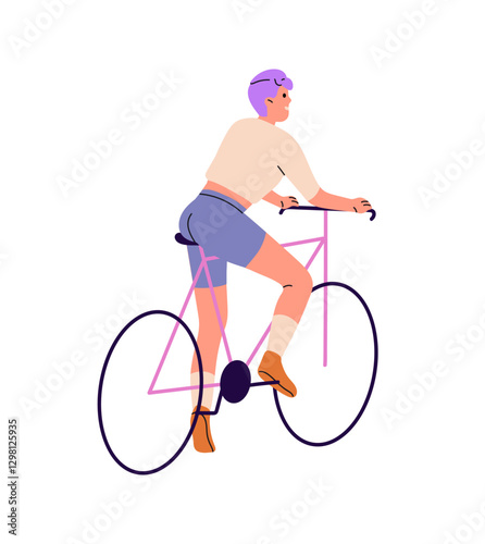 Happy girl with short hair, cyclist rides on pink bicycle. Cute young woman cycling back view. Rider, bicyclist does sports, has fun at walk. Flat isolated vector illustration on white background