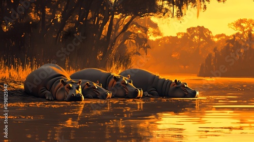 Group of Hippopotamuses Lounging by a River at Sunset