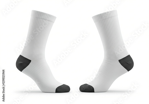 Blank white cotton long socks with heel section black color on invisible foot isolated on white background as mock up for advertising, branding, design, back and side view, template.