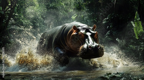 Hippo Charging Through Dense Jungle Environment Splashed Water
