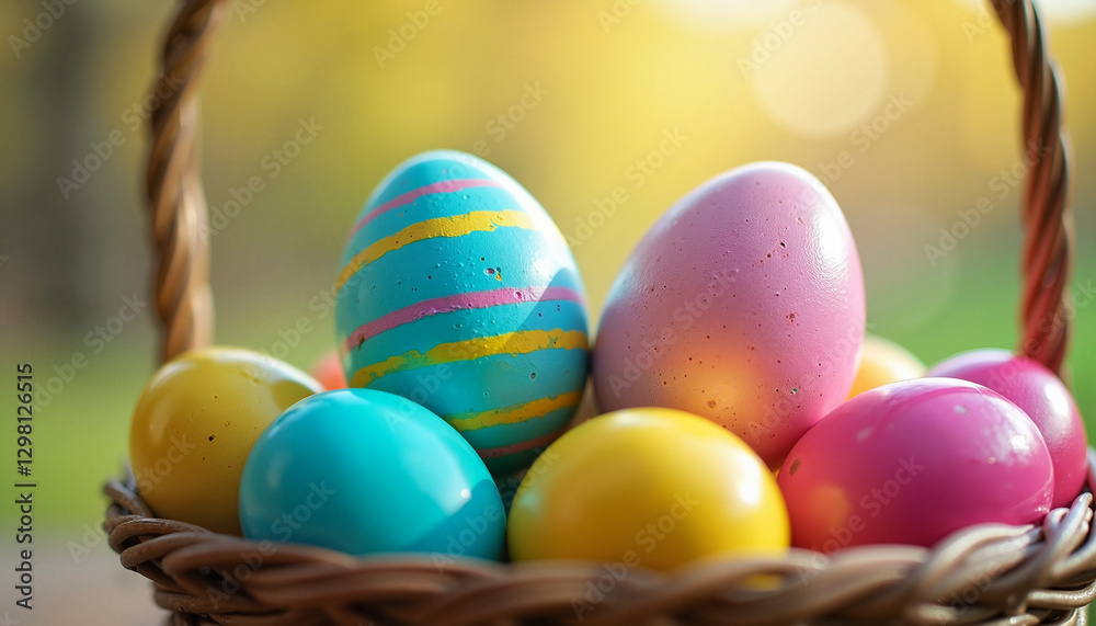A close-up of vibrant Easter eggs in a wicker basket, set against a soft-focus outdoor background with warm sunlight, evoking the joy and tradition of Easter celebrations. A close-up of vibrant Easter eggs in a wicker basket, set against a soft-focus outdoor background with warm sunlight, evoking the joy and tradition of Easter celebrations.