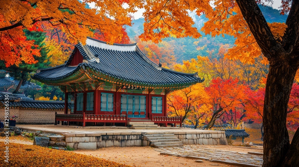 Autumnal Serenity: Korean Pavilion Amidst Vibrant Fall Foliage Autumnal Serenity: Korean Pavilion Amidst Vibrant Fall Foliage