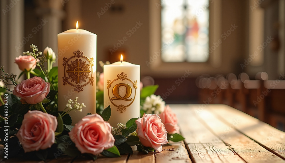 Obraz premium Elegant Easter Candles adorned with roses create a warm, sacred atmosphere, perfect for an Easter celebration. 
