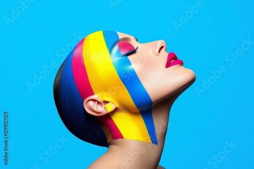 Avant garde fashion portrait of a woman with blue and yellow abstract face paint against a vibrant blue background creating a striking visual contrast photo