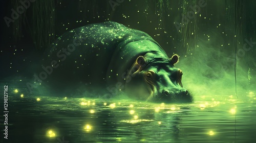Enchanted Hippo Submerged in Mystical Swamp with Soft Glow Effects