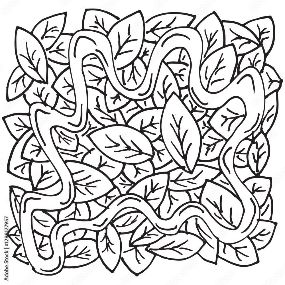 black and white abstrack illustration of leaf, for coloring page