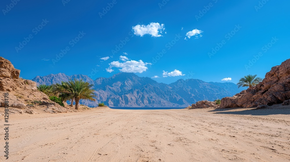 Sandy path leads to mountains and sea, under blue sky with clouds Sandy path leads to mountains and sea, under blue sky with clouds
