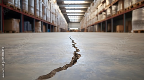 Long Crack in Cement Floor of Warehouse with Storage Shelves