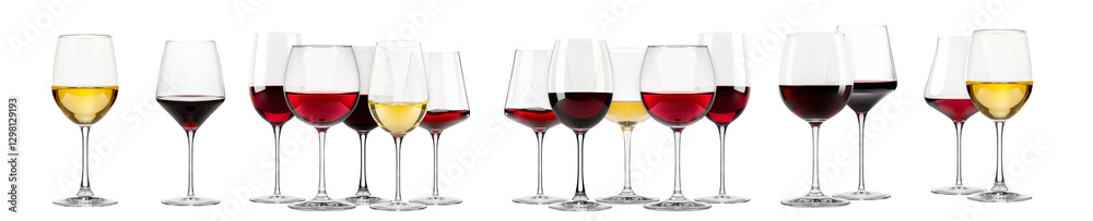 Set of red and white wine glasses isolated on white background. Rose wine splashing in glassware Set of red and white wine glasses isolated on white background. Rose wine splashing in glassware