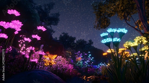 Colorful and Lush Garden Scene Under a Starry Night Sky