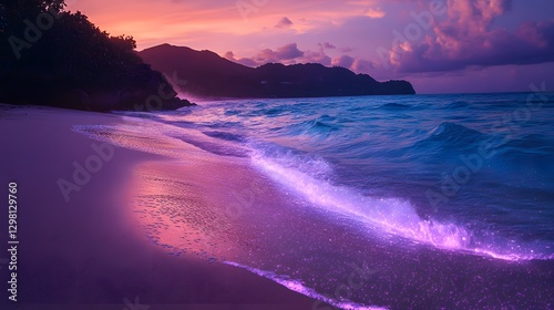 Magical Beach Scene at Sunset with Soft Sand and Gentle Waves