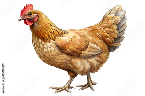 Realistic Illustration of a Brown Farm Chicken - Detailed digital illustration of a brown hen with red comb and wattles, standing in profile, representing farm life and poultry farming. 