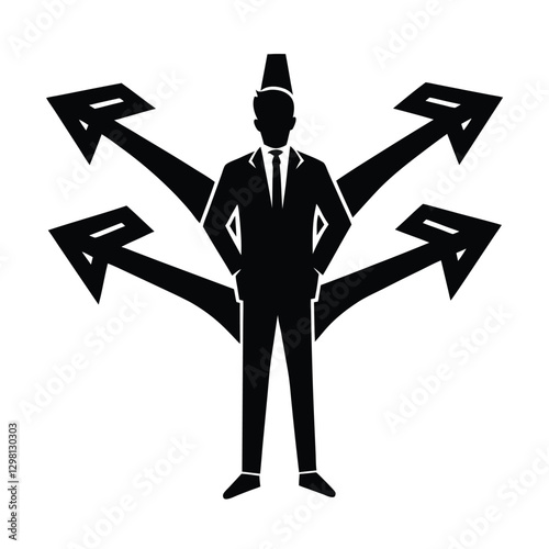 Resolute businessperson silhouette at crossroads, decisively determining the optimal path