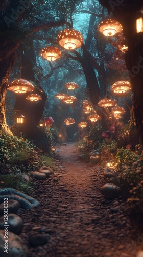 Enchanted Forest Pathway Lit by Floating Lanterns at Dusk