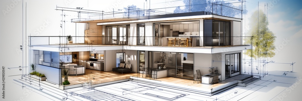 vision of architecture of a 3d model house project with blueprint vision of architecture of a 3d model house project with blueprint
