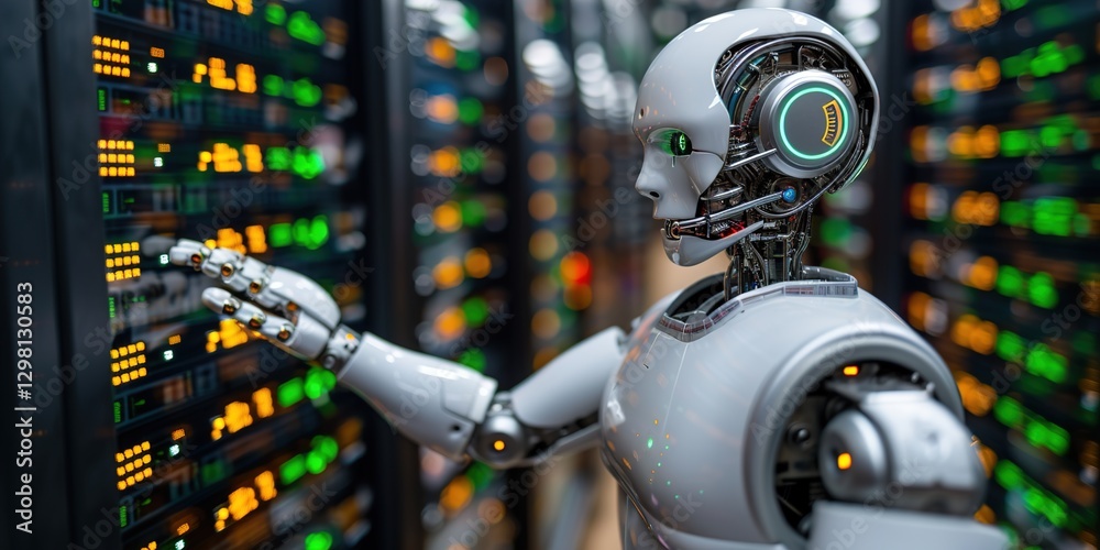 Fototapeta premium AI robot hand reaching towards digital text with neon effects, representing artificial intelligence 