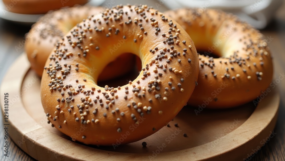 Protein Bagel. Bagels are covered with sprinkles on wooden plate Protein Bagel. Bagels are covered with sprinkles on wooden plate