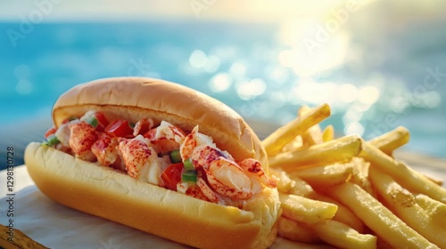 Fototapeta Naklejka Na Ścianę i Meble -  Lobster roll and fries seaside: a delicious seafood sandwich with a side of golden crispy fries.