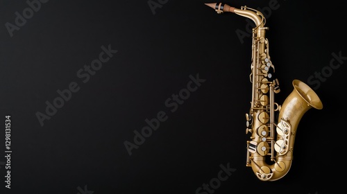Gold alto saxophone on black background; music concert