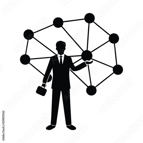 Innovative corporate executive silhouette merging digital nodes for seamless information flow