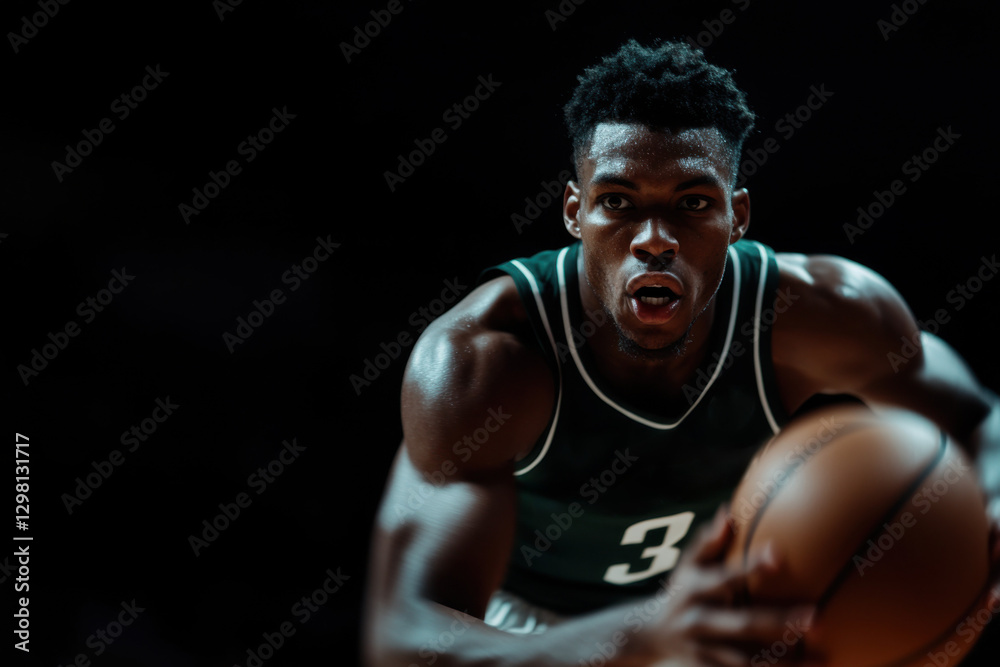 Focused basketball player dribbling in a darkened arena Focused basketball player dribbling in a darkened arena