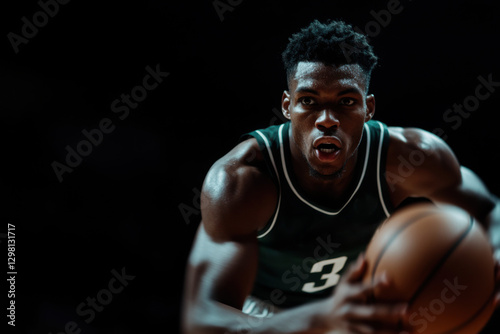 Focused basketball player dribbling in a darkened arena