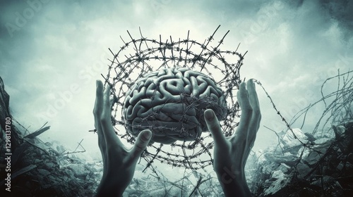 Brain Surrounded by Barbed Wire and Chains