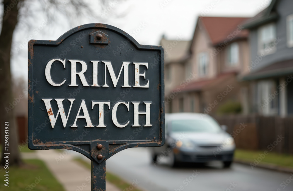 Fototapeta premium A sign reading Crime Watch in serif font promotes community safety. Gray rusty metal sign on street with passing car. Residential neighborhood in background provides safe area.