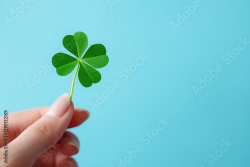 Close-up of a woman’s hand holding a green four-leaf clover on a blue background, representing the luck and joy of St. Patrick’s Day, with space available for adding your personal holiday message.