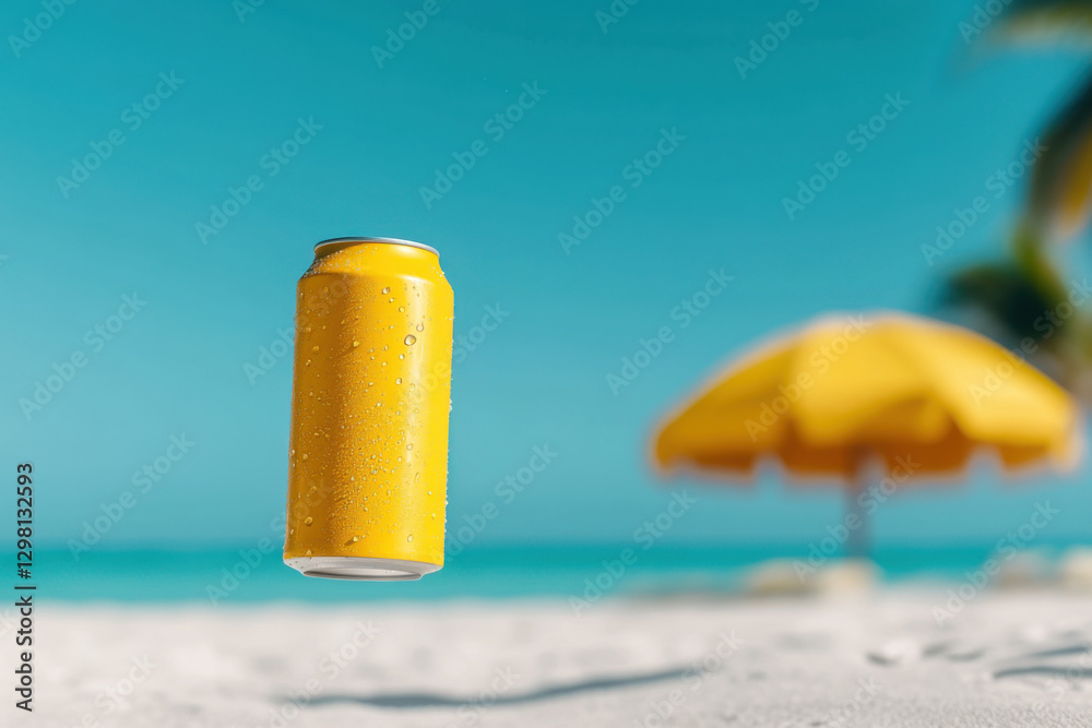 Refreshing yellow can floating on tropical beach with parasol Refreshing yellow can floating on tropical beach with parasol