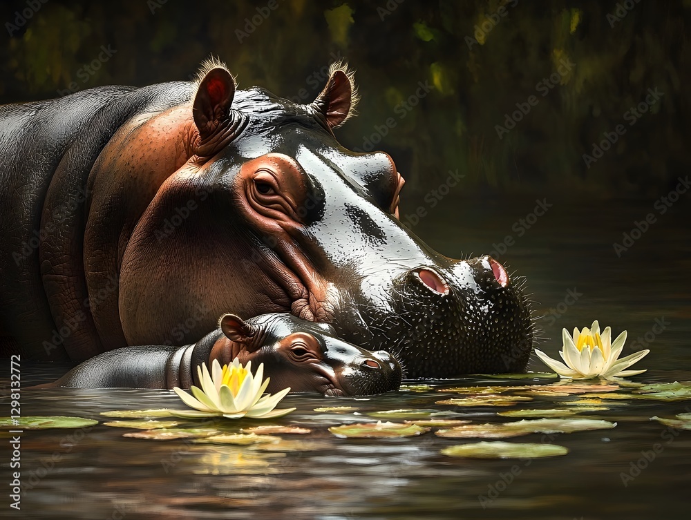 Fototapeta premium Mother Hippopotamus and Calf Nuzzling in Serene Water Scene