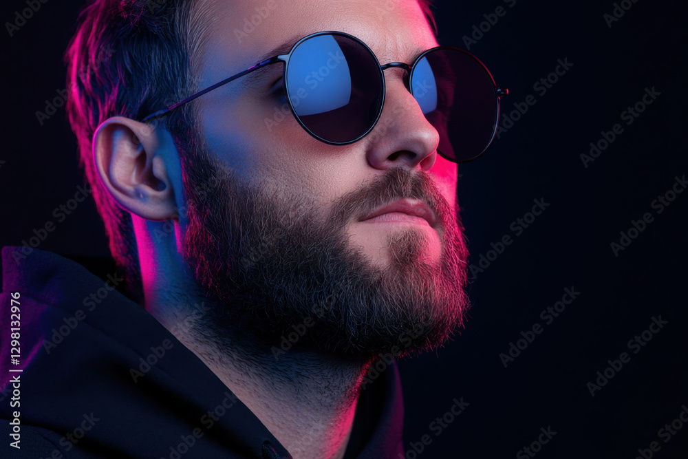Obraz premium Bearded man wearing sunglasses and hoodie posing under neon lights