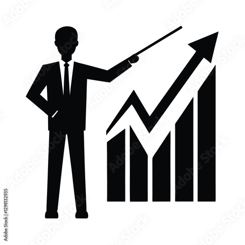 Innovative corporate thinker silhouette pointing at an ascending graph of ideas