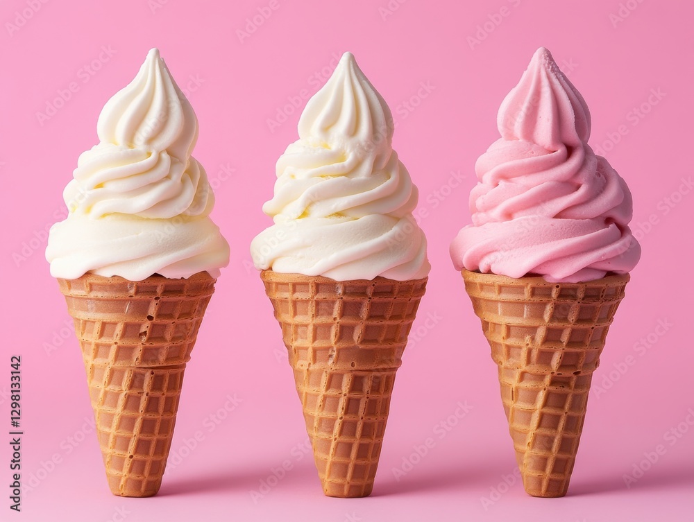 Whimsical Ice Cream Cones Displaying Creamy White and Pink Swirls Against Soft Pink Background for Sweet Treat Enthusiasts and Food Photography Whimsical Ice Cream Cones Displaying Creamy White and Pink Swirls Against Soft Pink Background for Sweet Treat Enthusiasts and Food Photography