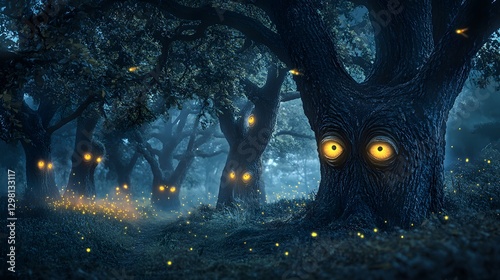 Mysterious Forest at Night with Glowing Trees and Enigmatic Lights