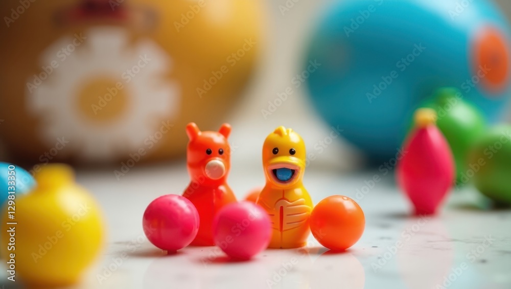 Sensory Toy. Toy animals are sitting on table with balloons Sensory Toy. Toy animals are sitting on table with balloons
