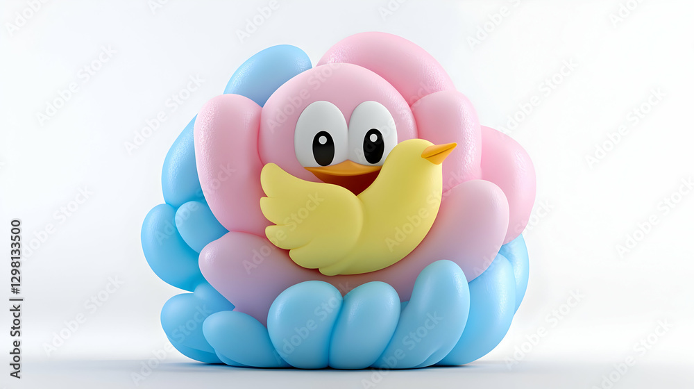 Pink bird with yellow chick in nest, white background, for children's book illustration Pink bird with yellow chick in nest, white background, for children's book illustration
