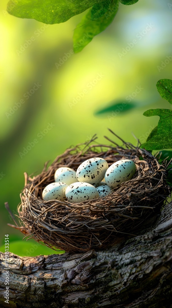 Fototapeta premium Spotted Bird Eggs in a Nest on a Tree Branch